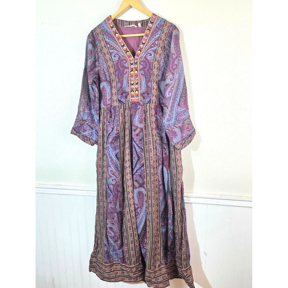 Soft Surroundings Gypsy Witchy Boho Paisley Maxi Dress Purple Plum Embroidered S